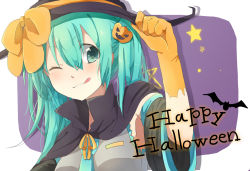 Rule 34 | 1girl, :q, ;q, cape, detached sleeves, elbow gloves, gloves, green eyes, green hair, halloween, hat, hatsune miku, highres, long hair, maiteru, matching hair/eyes, necktie, one eye closed, solo, tongue, tongue out, vocaloid, wink