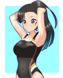 Rule 34 | 1girl, alternate hairstyle, arms up, bad id, bad pixiv id, black eyes, black one-piece swimsuit, blue background, border, breasts, brown eyes, brown hair, brushing hair, collarbone, competition swimsuit, covered navel, eyebrows, girls und panzer, highres, medium breasts, nishi kinuyo, one-piece swimsuit, ponytail, solo, straight hair, swimsuit, tanutika, upper body, white border