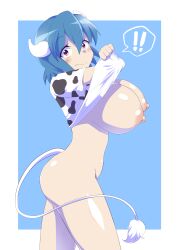 Rule 34 | !, !!, 1girl, absurdres, animal print, ass, blue background, blue hair, blush, bottomless, breasts, closed mouth, clothes lift, cow girl, cow horns, cow print, cow tail, embarrassed, from side, highres, horns, jashin-chan dropkick, large breasts, lifting own clothes, looking at viewer, minos (jashin-chan dropkick), moyuru pen, nipples, no panties, print shirt, red eyes, shirt, shirt lift, short hair, simple background, solo, tail