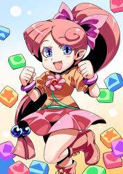 Rule 34 | 1girl, block (object), blue eyes, blush stickers, boots, bow, brown hair, flower, gradient background, hair bobbles, hair bow, hair ornament, highres, lip (panel de pon), long hair, looking at viewer, open mouth, panel de pon, pink bow, pink skirt, simple background, skirt, smile, solo, standing, standing on one leg, teeth, tukiwani, upper teeth only, very long hair
