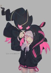 Rule 34 | 1girl, animal hood, banette, black hoodie, blush, bracelet, brbr vrvr, claws, commentary request, cowboy shot, creatures (company), crossover, floating, game freak, gen 3 pokemon, grey background, hand in pocket, hand up, hands on another&#039;s shoulders, highres, hood, hood grab, hood up, hoodie, jewelry, long hair, long sleeves, looking at viewer, mega banette, mega pokemon, nintendo, open mouth, pink hoodie, pokemon, pokemon (creature), purple eyes, purple hair, rabbit hood, sidelocks, simple background, smile, solo, standing, two-tone hoodie, vocaloid, voiceroid, yuzuki yukari, zipper