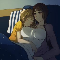 Rule 34 | 10s, 2girls, alternate costume, blanket, blonde hair, brown eyes, brown hair, casual, closed eyes, hand on another&#039;s head, kantai collection, meron, multiple girls, myoukou (kancolle), pillow, sleeping, sleeping on person, takanami (kancolle)
