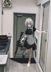 Rule 34 | 1girl, absurdres, apron, assault rifle, bad id, bad pixiv id, barefoot, black dress, blood, blood on clothes, blood on face, blue eyes, collared dress, door, dress, electric kettle, expressionless, frying pan, full body, gun, highres, holding, holding gun, holding weapon, hotplate, indoors, kettle, kitchen, looking at viewer, m4 carbine, maid, no socks, original, pale skin, rifle, shoes, short hair, short sleeves, single shoe, sink, solo, standing, standing on one leg, strap slip, water boiler, weapon, white apron, white hair, zumochi