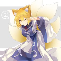 Rule 34 | 1girl, ;), animal ear fluff, animal ears, arm up, blonde hair, breasts, commentary request, dress, falken (yutozin), feet out of frame, finger counting, fox ears, fox tail, frilled shirt collar, frills, grey background, grin, hair between eyes, highres, large breasts, leaning forward, long sleeves, looking at viewer, multiple tails, no headwear, one-hour drawing challenge, one eye closed, short hair, smile, solo, spoken number, tail, touhou, two-tone background, v, white background, white dress, wide sleeves, yakumo ran, yellow eyes