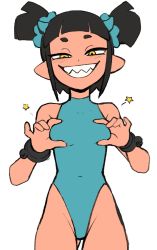 Rule 34 | 1girl, black hair, blunt bangs, bracelet, grabbing another&#039;s breast, breasts, colo (nagrolaz), gluteal fold, grabbing, grabbing own breast, grin, jewelry, leotard, mephia, original, pointy ears, scrunchie, sharp teeth, short hair, sidelocks, small breasts, smile, star (symbol), teeth, thick eyebrows, twintails, white background, yellow eyes