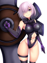 Rule 34 | 1girl, black thighhighs, breasts, elbow gloves, fate/grand order, fate (series), gloves, hair over one eye, highres, holding, holding shield, large breasts, looking at viewer, mash kyrielight, nano (syoutamho), navel, purple eyes, purple hair, shield, short hair, simple background, smile, solo, thighhighs, white background