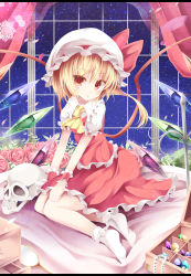 Rule 34 | 1girl, aibumi, ascot, bad id, bad pixiv id, blonde hair, blush, box, cd case, crystal, flandre scarlet, flower, gem, hand mirror, hat, highres, jewelry, laevatein, mirror, necklace, night, night sky, open mouth, pearl necklace, pen-zin, pink flower, pink rose, puffy short sleeves, puffy sleeves, red eyes, ribbon, rose, short hair, short sleeves, side ponytail, skirt, skull, sky, socks, solo, star (sky), star (symbol), starry sky, touhou, vest, window, wings