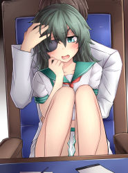 Rule 34 | 10s, admiral (kancolle), blush, brown hair, chair, commentary request, desk, eyepatch, faceless, faceless male, green eyes, green hair, hand in another&#039;s hair, hand on own cheek, hand on own face, highres, hug, hug from behind, kantai collection, kiso (kancolle), knees up, military, military uniform, neckerchief, neit ni sei, open mouth, paper, pen, pleated skirt, sailor collar, sailor shirt, shirt, short hair, short sleeves, sitting, sitting on lap, sitting on person, skirt, sweat, uniform, white shirt, white skirt