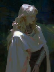 Rule 34 | 1girl, arm at side, armor, black pants, blonde hair, cape, chiaroscuro, cloak, closed eyes, closed mouth, dappled sunlight, earrings, faux traditional media, forest, from side, highres, hoop earrings, jewelry, lips, long hair, nature, necklace, original, pants, profile, red lips, robe, solo, standing, sunlight, upper body, vambraces, wavy hair, white robe, yuming li