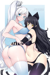 Rule 34 | 2girls, ass, black hair, black legwear, blake belladonna, blue eyes, bow, bra, breasts, cleavage, cowboy shot, curvy, earrings, female focus, from behind, hair bow, hair ornament, hug, huge ass, jewelry, large breasts, lindaroze, long hair, looking at viewer, looking back, medium breasts, multiple girls, navel, outside border, panties, ponytail, rwby, scar, scar across eye, scar on face, side ponytail, skindentation, smile, stomach, thick thighs, thighhighs, thighs, underwear, very long hair, weiss schnee, white hair, white legwear, wide hips, yellow eyes, yuri