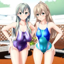 Rule 34 | 2girls, absurdres, beach umbrella, blue one-piece swimsuit, clothes writing, competition swimsuit, cowboy shot, fence, green eyes, hair ornament, hairclip, hands on own hips, highres, kantai collection, kumano (kancolle), leaning forward, long hair, looking at viewer, multicolored clothes, multicolored swimsuit, multiple girls, one-piece swimsuit, purple one-piece swimsuit, silver hair, suzuya (kancolle), swimsuit, table, takafumi, umbrella