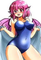 Rule 34 | 1girl, absurdres, animal ears, backlighting, bare shoulders, bird wings, blue one-piece swimsuit, blush, breasts, competition school swimsuit, competition swimsuit, covered navel, d-m (dii emu), halterneck, highres, looking at viewer, medium breasts, mystia lorelei, one-piece swimsuit, open mouth, pink hair, red eyes, school swimsuit, short hair, simple background, smile, solo, standing, swimsuit, thighs, touhou, towel, white background, wide hips, wings