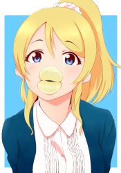 Rule 34 | 10s, 1girl, ayase eli, blonde hair, blue eyes, chips (food), egooo, food, looking at viewer, love live!, love live! school idol project, ponytail, potato chips, solo