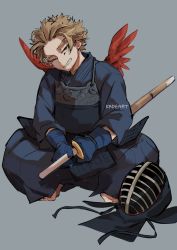 Rule 34 | 1boy, alternate costume, artist name, bad id, bad pixiv id, blonde hair, boku no hero academia, bougu, commentary, feathers, gloves, grey background, grin, hawks (boku no hero academia), holding, holding weapon, kadeart, kendo, kendo mask, looking at viewer, male focus, mini wings, one eye closed, red wings, shinai, simple background, smile, solo, squatting, sword, teeth, weapon, wings