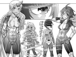 Rule 34 | 4girls, :d, abs, absurdly long hair, ahoge, alternate breast size, breasts, cameltoe, cleavage, convenient censoring, cosplay, cyclops, cyclops (x-men), cyclops (x-men) (cosplay), dark-skinned female, dark skin, doppel (monster musume), doppelganger, gloves, greyscale, grin, hair censor, hair over breasts, horns, long hair, manako, marvel, medium breasts, mitsurou, monochrome, monster girl, monster musume no iru nichijou, multiple girls, muscular, muscular female, navel, no bra, nude, ogre, one-eyed, open mouth, pointy ears, prehensile hair, short hair, single horn, skin tight, small breasts, smile, standing, stitches, tionishia, toned, undressing, uniform, very long hair, x-men, zombie, zombina (monster musume)