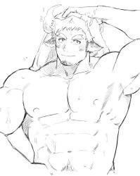 Rule 34 | 1boy, abs, animal ears, armpits, bara, blush, completely nude, cow boy, cow ears, cow horns, cropped torso, facial hair, fiery horns, forked eyebrows, goatee, greyscale, hand on own hip, harada (basashi), horns, large pectorals, looking at viewer, male focus, mature male, monochrome, muscular, muscular male, navel, navel hair, nipples, nude, pectorals, short hair, sideburns, smile, solo, spiked hair, stomach, stubble, sweat, thick eyebrows, tokyo houkago summoners, towel, towel on head, upper body, wakan tanka
