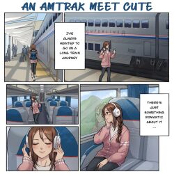 Rule 34 | 1girl, amtrak, artist request, backpack, bag, black leggings, blue bag, blue curtain, braid, breasts, brown eyes, brown hair, cellphone, closed mouth, commentary, curtains, day, english commentary, english text, headphones, heart, holding, holding phone, left-to-right manga, leggings, long sleeves, looking at phone, looking outside, medium hair, original, phone, pink sweater vest, rolling suitcase, shoes, sitting, small breasts, smartphone, smile, sneakers, solo, suitcase, sweater vest, train, train interior, train station, twin braids, walking, white footwear, window
