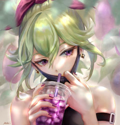 Rule 34 | 1girl, arm strap, bare shoulders, commentary request, cup, disposable cup, drinking, earrings, genshin impact, green hair, hands up, head tilt, highres, holding, holding cup, jewelry, kuki shinobu, looking at viewer, mask, mask pull, mohri, mouth mask, nail polish, portrait, purple eyes, purple nails, short hair, solo