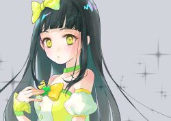Rule 34 | 1girl, bare shoulders, black hair, blunt bangs, bow, choker, closed mouth, expressionless, green choker, grey background, hair bow, hand up, himitsu no aipri, long hair, looking at viewer, miminaga usagi, mystery girl (pretty series), pretty series, solo, sparkle, symbol-shaped pupils, triangle-shaped pupils, upper body, wrist cuffs, yellow bow, yellow eyes