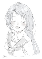 Rule 34 | 1girl, ^ ^, absurdres, blush, closed eyes, cropped torso, facing viewer, greyscale, highres, kantai collection, long hair, monochrome, open mouth, rom (rommmoon), sailor collar, samidare (kancolle), school uniform, serafuku, shirt, signature, simple background, sketch, sleeveless, sleeveless shirt, solo, upper body, white background