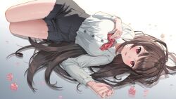 Rule 34 | 1girl, absurdres, black skirt, blush, bow, bowtie, breasts, brown hair, buttons, cherry blossoms, clothes between thighs, collared shirt, dress shirt, flower, hand on own chest, highres, legs together, long hair, long sleeves, looking at viewer, lying, medium breasts, miniskirt, neil (neil nim), on side, open mouth, original, petals, pink eyes, pink flower, pink nails, pleated skirt, red bow, red bowtie, reflective floor, school uniform, shirt, shirt tucked in, skirt, solo, swept bangs, tented shirt, white shirt