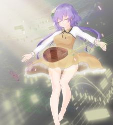 Rule 34 | 1girl, bad id, bad pixiv id, barefoot, biwa lute, closed eyes, flower, hair flower, hair ornament, instrument, long hair, lute (instrument), musical note, purple hair, septet (zrca janne), smile, solo, staff (music), touhou, tsukumo benben, twintails