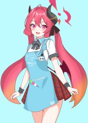 Rule 34 | 1girl, absurdres, ahoge, apron, black horns, blue apron, blue archive, blurry, blurry background, commentary request, eggplant7217, halo, highres, horns, junko (blue archive), long hair, looking at viewer, open mouth, plaid, plaid skirt, red eyes, red hair, red halo, red skirt, short sleeves, simple background, skirt, smile, solo, twintails