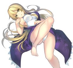 Rule 34 | 1girl, armpit crease, bare shoulders, barefoot, blonde hair, blush, bow, breasts, buttons, closed mouth, coat, commentary request, commission, covered navel, eyelashes, hair bow, hand on own stomach, head tilt, highleg, highleg leotard, highres, janne cherry, knees, large breasts, leaf print, legs, leotard, long hair, looking at viewer, lying, on back, parted bangs, pixiv commission, purple coat, shiny skin, sidelocks, simple background, single strap, sleeveless, sleeveless coat, smile, solo, thighs, touhou, watatsuki no toyohime, white background, white leotard, yellow eyes