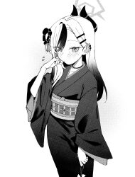 Rule 34 | 1girl, absurdres, blue archive, demon horns, fataaa, flower, greyscale, hair flower, hair ornament, hairclip, halo, highres, horns, japanese clothes, kayoko (blue archive), kayoko (new year) (blue archive), kimono, long hair, long sleeves, monochrome, multicolored hair, obi, official alternate costume, sash, simple background, solo, white background, wide sleeves