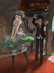 Rule 34 | &gt; &lt;, 1girl, 2boys, :d, ao no exorcist, black hair, bloomers, dress, eyebrows, closed eyes, food, formal, frills, horns, kamiki izumo, long hair, meat, multiple boys, necktie, open mouth, pantyhose, plate, pointing, puffy sleeves, purple eyes, smile, suit, toro3, twintails, underwear, waistcoat