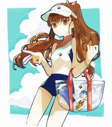 1girl absurdres ball bangle bow bracelet brown_eyes brown_hair character_charm charm_(object) commentary_request fate/grand_order fate_(series) hair_bow highres holding holding_ball jewelry kishinami_hakuno_(female) long_hair matou_shinji multicolored_clothes multicolored_swimsuit one-piece_swimsuit ponytail red_bow solo swimsuit urtk07 v visor_cap