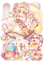 Rule 34 | 1girl, balloon, bird, blonde hair, bow, bowtie, chicken, commentary, flower, food, frilled skirt, frills, fruit, holding, holding balloon, holding flower, hyou (pixiv3677917), lemon, original, paper airplane, paper boat, ribbon, shoes, skirt, symbol-only commentary, white footwear, wings, yellow eyes