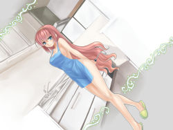 Rule 34 | 1girl, apron, arms behind back, bad id, bad pixiv id, blue eyes, breasts, dutch angle, hairband, highres, kitchen, ladle, large breasts, long hair, megurine luka, naked apron, oumi sanaka, pink hair, sideboob, slippers, smile, solo, very long hair, vocaloid