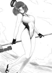 Rule 34 | 10s, 1girl, blush, competition swimsuit, glaive (polearm), gloves, greyscale, halo, kantai collection, mechanical halo, monochrome, one-piece swimsuit, polearm, short hair, solo, swimsuit, tatsuta (kancolle), tobisawa