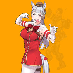 Rule 34 | 1boy, 1girl, animal ears, apex legends, arm strap, ass, bow, breast strap, breasts, brown headwear, double finger gun, finger gun, gloves, gold ship (umamusume), highres, horse ears, horse girl, horse tail, jacket, medium breasts, mirage (apex legends), one eye closed, ookubo menma, pantyhose, parody, pointing, projected inset, purple eyes, red bow, red jacket, silver hair, solo focus, tail, thigh strap, tongue, tongue out, twisted torso, umamusume, v-shaped eyebrows, white gloves, white pantyhose, yellow background