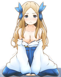Rule 34 | 1girl, :&lt;, @ @, asakaze (kancolle), bare shoulders, blonde hair, blue bow, blue eyes, blue hakama, blush, bow, breasts, closed mouth, collarbone, embarrassed, female focus, full body, hair bow, hakama, hakama skirt, have to pee, japanese clothes, kantai collection, kimono, kneeling, long hair, looking at viewer, medium breasts, na2 (natonabe), no bra, nose blush, off shoulder, shiny skin, simple background, sitting, skirt, solo, spread legs, sweat, trembling, v arms, white background, white kimono