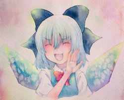 Rule 34 | 1girl, blue eyes, blue hair, bow, bowtie, cirno, closed eyes, hair bow, ice, ice wings, laughing, matching hair/eyes, ojou-sama pose, open mouth, painting (medium), red bow, red bowtie, short hair, smile, solo, touhou, traditional media, watercolor (medium), wings, yuyu (00365676)