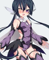Rule 34 | 1girl, absurdres, annoyed, black hair, blush, brown eyes, cosplay, detached sleeves, fate/grand order, fate/kaleid liner prisma illya, fate (series), heterochromia, highres, leotard, long hair, miyu edelfelt, miyu edelfelt (cosplay), mochizuki chiyome (fate), open mouth, purple eyes, purple leotard, purple thighhighs, showgirl skirt, slit pupils, solo, thigh strap, thighhighs, tomo (ryo i so ), twintails