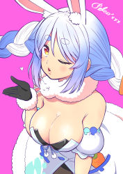 Rule 34 | 1girl, :o, alternate breast size, animal ear fluff, animal ears, black bra, black gloves, blowing kiss, blue hair, blush, bra, braid, breasts, catchphrase, detached sleeves, dress, gloves, hand up, heart, highres, hololive, large breasts, multicolored hair, one eye closed, parted lips, pink background, puffy detached sleeves, puffy short sleeves, puffy sleeves, rabbit-shaped pupils, rabbit ears, red eyes, sabaku chitai, short sleeves, simple background, solo, symbol-shaped pupils, twin braids, two-tone hair, underwear, usada pekora, usada pekora (1st costume), virtual youtuber, white dress, white hair