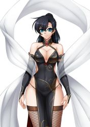 Rule 34 | 00s, 1girl, bare shoulders, black dress, black hair, blue eyes, breasts, bridal gauntlets, china dress, chinese clothes, cleavage, cleavage cutout, clothing cutout, covered navel, dress, earrings, female focus, fishnet legwear, fishnets, fuuma tokiko, hair between eyes, highres, hoop earrings, jewelry, kagami hirotaka, large breasts, legs, long hair, looking at viewer, ponytail, revealing clothes, see-through, shiny skin, simple background, smile, solo, standing, taimanin (series), taimanin asagi, taimanin asagi kessen arena, wide hips