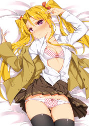 Rule 34 | 1girl, arms up, bed, blonde hair, blush, bra, breasts, cleavage, embarrassed, hair ornament, kayou (kayou-bi), legs, long hair, looking at viewer, lying, open clothes, open shirt, panties, pantyshot, pillow, pink eyes, school uniform, shirt, skirt, solo, sweatdrop, thighs, twintails, underwear, upskirt