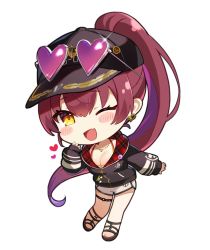 Rule 34 | 1girl, bikini, bikini under clothes, black hat, black jacket, blush stickers, breasts, chibi, earrings, eyewear on headwear, fang, full body, glint, hand up, hat, heart, heart-shaped eyewear, heart earrings, heart necklace, high ponytail, hololive, houshou marine, houshou marine (summer), jacket, jewelry, large breasts, long hair, long sleeves, looking at viewer, necklace, one eye closed, open mouth, outstretched arm, red hair, satoupote, short shorts, shorts, skin fang, sleeves past wrists, solo, standing, sunglasses, swimsuit, very long hair, virtual youtuber, white shorts, yellow eyes, zipper pull tab