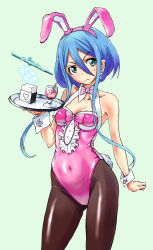 Rule 34 | 10s, 1girl, absurdres, animal ears, aoki hagane no arpeggio, atago (aoki hagane no arpeggio), blue eyes, blue hair, bow, bowtie, breasts, brown pantyhose, contrapposto, covered navel, cowboy shot, fake animal ears, frills, frown, highres, leotard, long hair, looking at viewer, pantyhose, playboy bunny, rabbit ears, rabbit tail, ralfu, small breasts, solo, standing, tail, tray, wrist cuffs