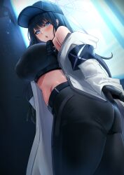 Rule 34 | 1girl, :o, absurdres, armband, ass, bare shoulders, baseball cap, black armband, black gloves, black hair, black hat, black pants, blue archive, blue eyes, breasts, commentary, english commentary, from below, gloves, halo, halterneck, hat, highres, jacket, kuutamo, large breasts, long hair, looking at viewer, midriff, off shoulder, open clothes, open jacket, open mouth, pants, saori (blue archive), solo, sweat, thick thighs, thighs, white halo, white jacket