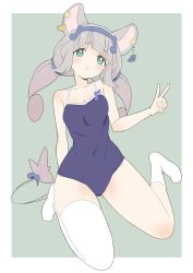 Rule 34 | 1girl, absurdres, animal ears, bad id, bad twitter id, blush, bright pupils, closed mouth, competition school swimsuit, donguri suzume, earrings, full body, gradient hair, green background, green eyes, grey hair, hand up, hatsuka chiyu, hatsuka chiyu channel, highres, jewelry, looking at viewer, mouse ears, mouse tail, multicolored hair, musical note earrings, one-piece swimsuit, purple one-piece swimsuit, school swimsuit, simple background, single sock, single thighhigh, sitting, socks, solo, swimsuit, tail, thighhighs, twintails, v, virtual youtuber, wariza, white pupils, white socks