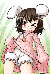 Rule 34 | 1girl, :q, ;q, akou roushi, animal ears, bloomers, blush, brown hair, rabbit ears, carrot, carrot necklace, female focus, inaba tewi, jewelry, necklace, one eye closed, red eyes, ribbed sweater, short hair, sleeves past wrists, solo, sweater, tongue, tongue out, touhou, underwear, wink