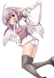 Rule 34 | 1girl, ahoge, animal ears, arm up, ass, bird ears, black thighhighs, blush, breasts, commentary request, feet out of frame, frills, hair between eyes, hands up, highres, juliet sleeves, knees together feet apart, leaf, leaf background, long sleeves, looking at viewer, looking back, medium hair, mepikari, mystia lorelei, no headwear, open mouth, panties, pink eyes, pink hair, puffy sleeves, simple background, small breasts, solo, thighhighs, touhou, twisted torso, underwear, vest, wavy mouth, white background, wide sleeves, wings