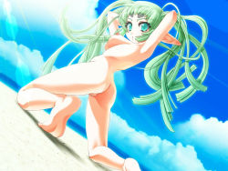Rule 34 | 00s, 1girl, aqua eyes, arms behind head, ass, barefoot, beach, breasts, cloud, day, demonbane, elf, elsa, feet, from behind, game cg, green hair, kneeling, light rays, long hair, looking at viewer, looking back, medium breasts, nipples, nishii (damnedrive), nitroplus, nude, outdoors, pointy ears, pussy, robot, sky, soles, solo, sunbeam, sunlight, third-party edit, twintails, uncensored, water