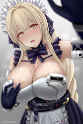 Rule 34 | 1girl, archstreal, bianca: veritas (pact of zero) (punishing: gray raven), bianca (punishing: gray raven), blonde hair, blue bow, blue bowtie, blue gloves, blush, bow, bowtie, breasts, cleavage, collarbone, frills, gloves, grey background, hair intakes, highres, large breasts, long hair, looking at viewer, mole, mole under eye, parted lips, punishing: gray raven, simple background, solo, sweat, white headwear, yellow eyes