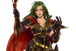 Rule 34 | 1girl, armor, armpit peek, artist name, black armor, black shirt, body markings, breasts, cape, collarbone, collared shirt, commission, earrings, fang, fire emblem, fire emblem: path of radiance, gloves, green hair, hands up, holding, holding staff, jewelry, lipstick, long hair, looking at viewer, makeup, medium breasts, naomi skye, nintendo, pauldrons, petrine (fire emblem), purple eyes, red cape, shirt, shoulder armor, simple background, solo, staff, thick eyebrows, white background
